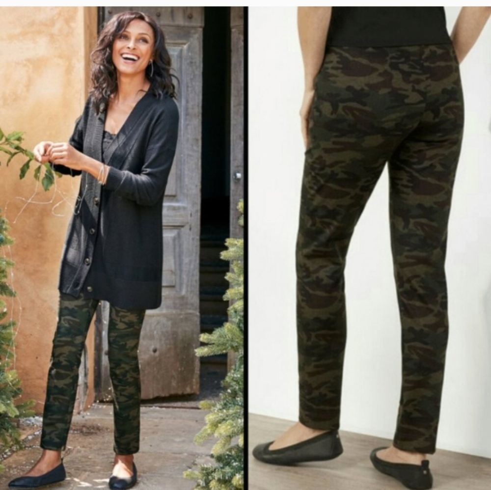 Soft Surroundings Pants Straight Leg Ponte Knit Camo Green Full Length Fall 🆕️
